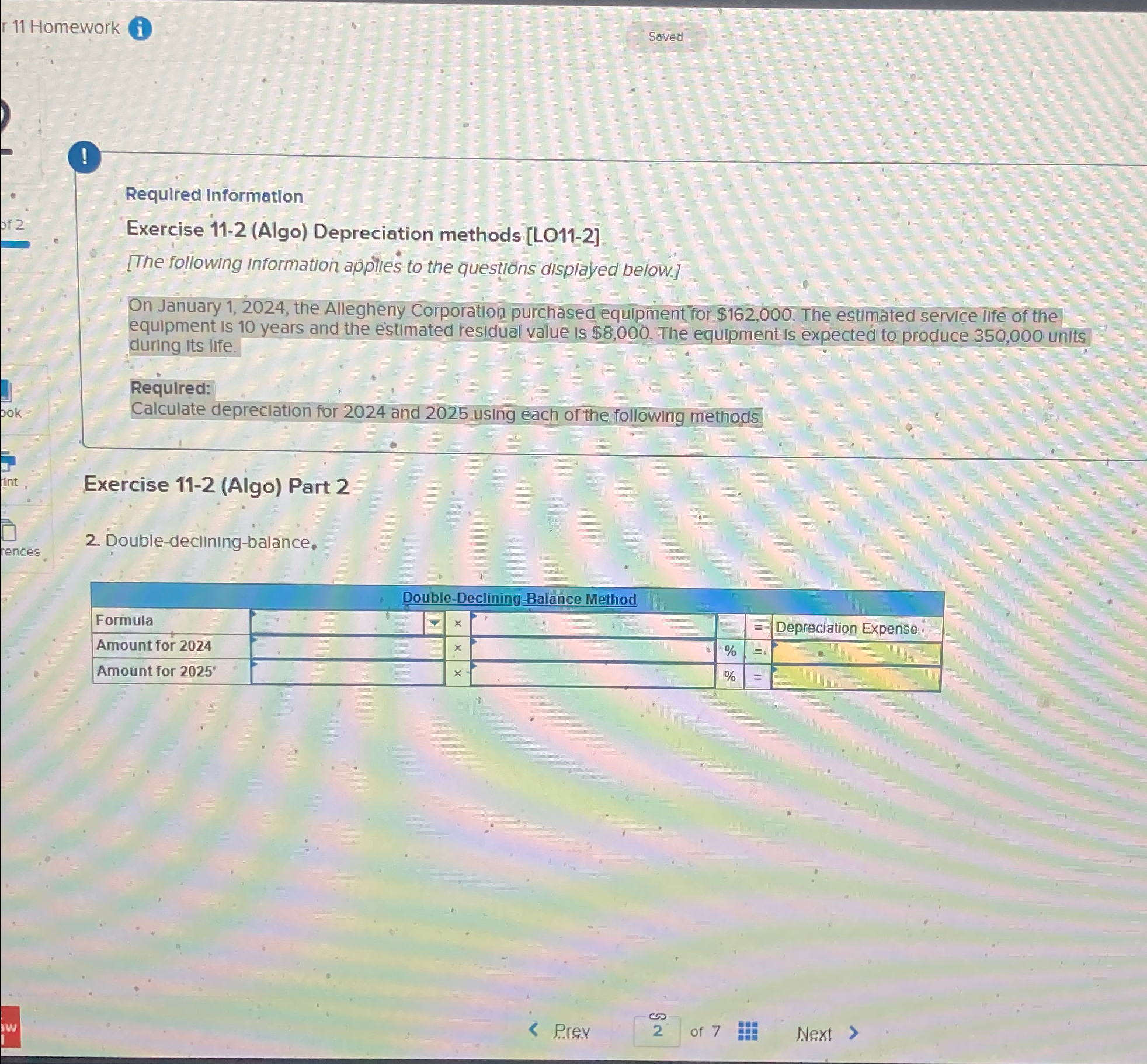  r 11 Homework Soved ! Requlred Information Exercise 11-2(Algo) Depreciation methods