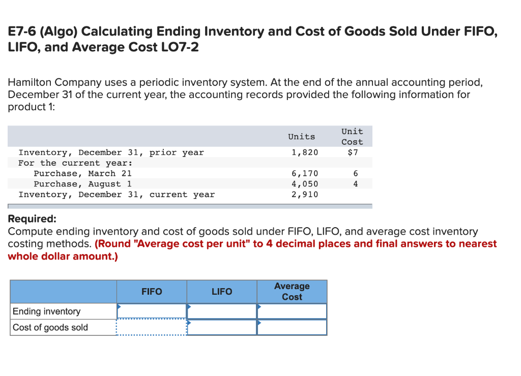 Compute the missing values E7-6 (Algo) Calculating Ending Inventory and Cost of