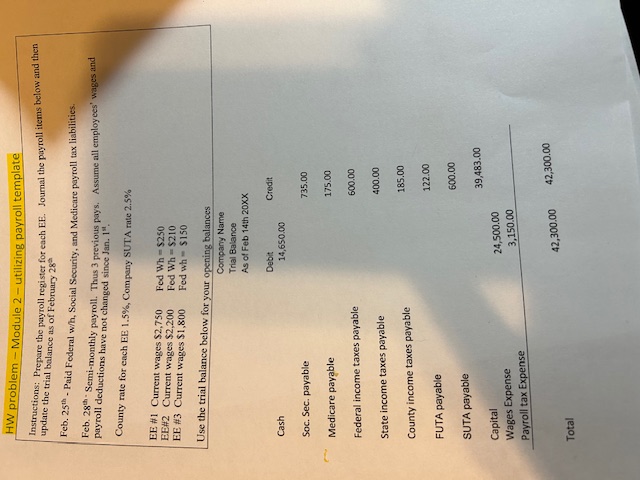  HW problem - Module 2- utilizing payroll template Instructions: Prepare the