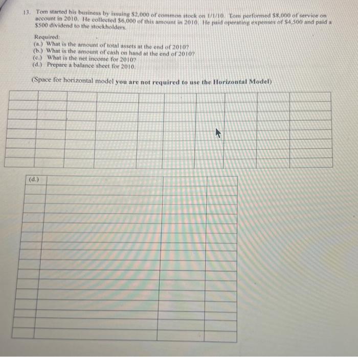 just do d. please 13. Tom started his business by issuing $2,000