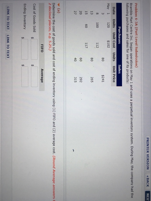  PRINTER VERSION BACK NEX Problem 6-3A (Part Level Submission) Bramble-Mart Centre
