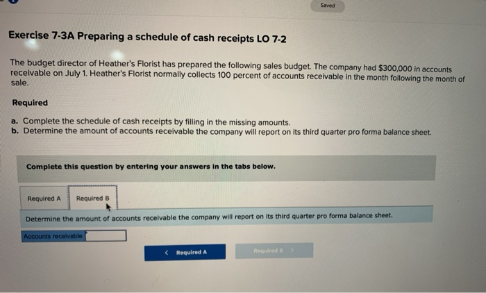 Exercise 7-3A Preparing a schedule of cash receipts LO 7-2 The budget