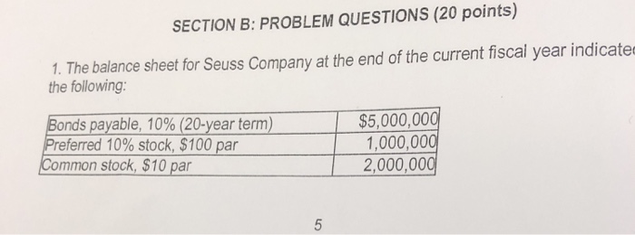  SECTION B: PROBLEM QUESTIONS (20 points) nce sheet for Seuss Company