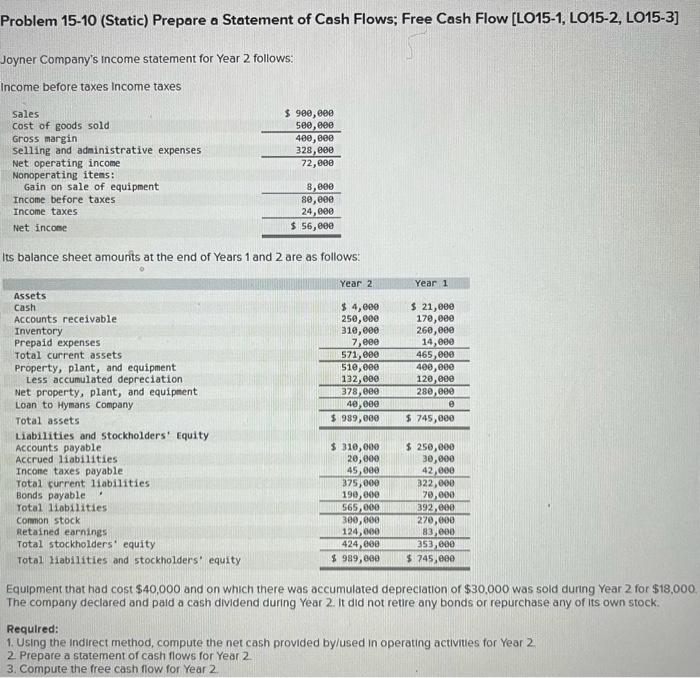  Problem 15-10 (Static) Prepare a Statement of Cash Flows; Free Cash