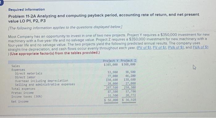  Required information Problem 11-2A Analyzing and computing payback period, accounting rate