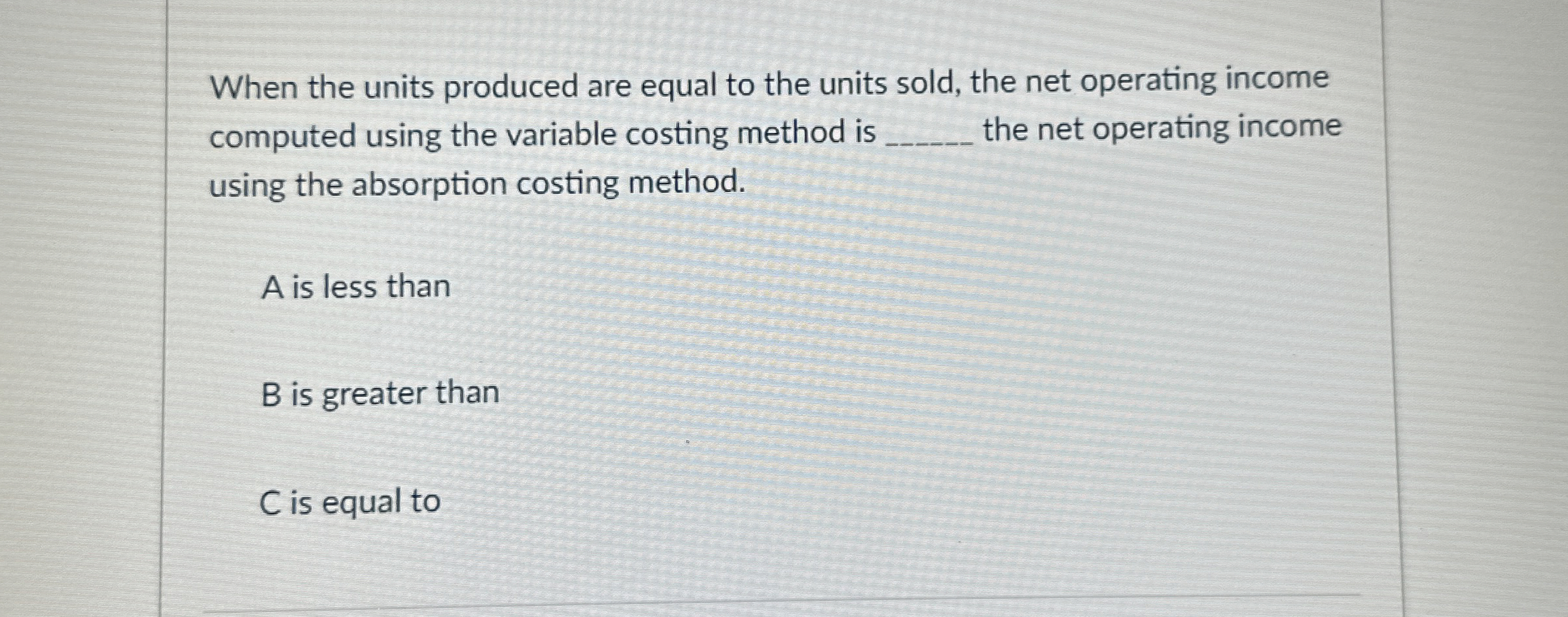  When the units produced are equal to the units sold, the