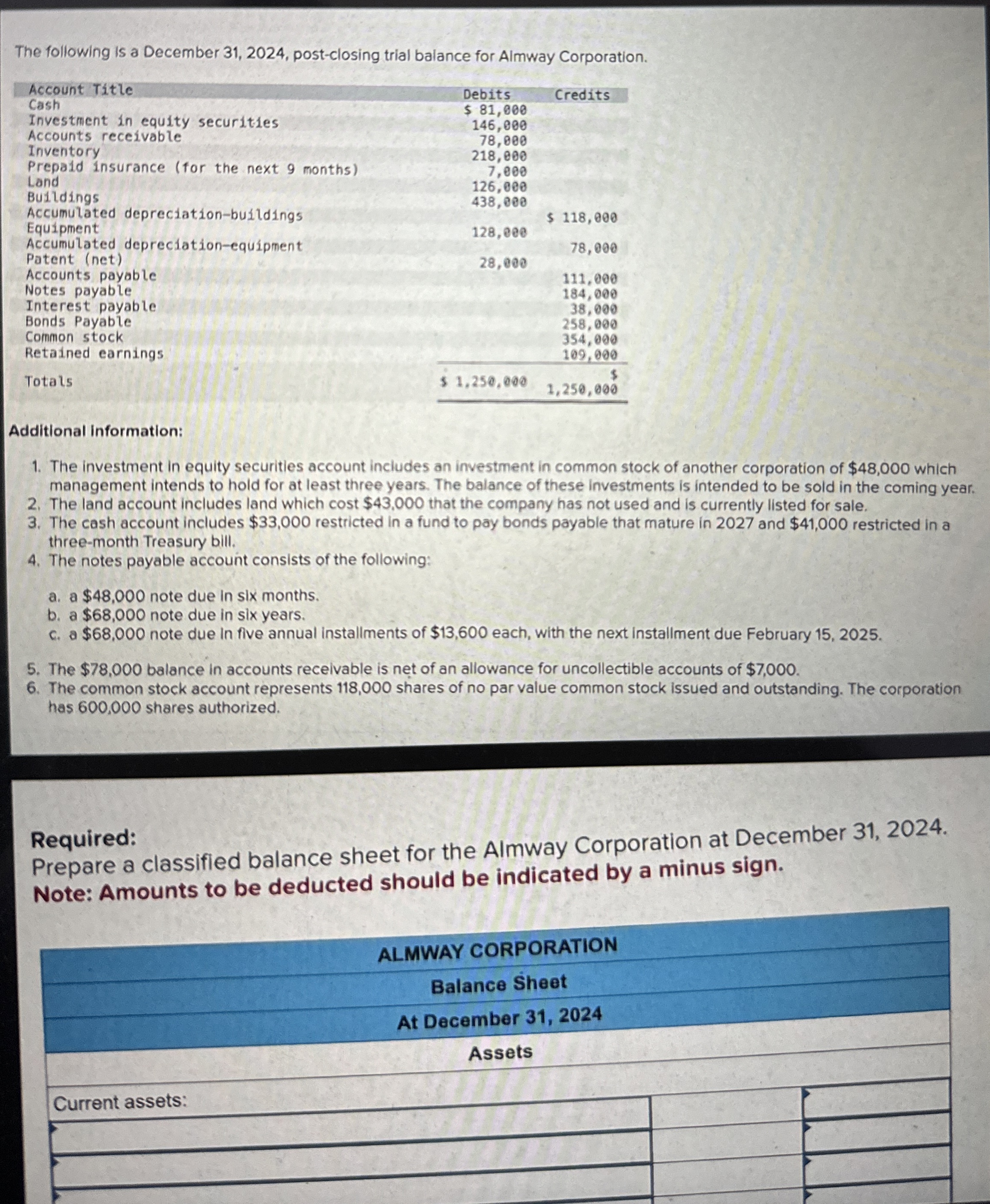  Prepare a classified balance sheet all information is given . The