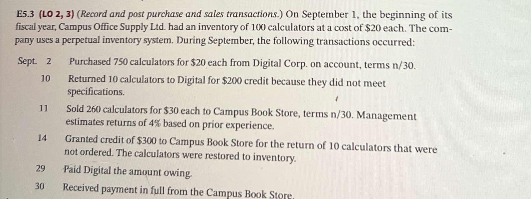  E5.3(LO 2,3)(Record and post purchase and sales transactions.) On September 1,