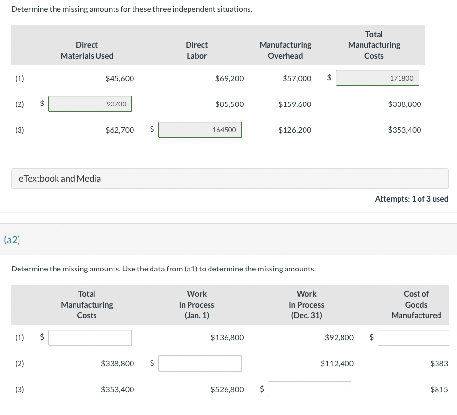  Determine the missing amounts for these three independent situations. (a2) Determine