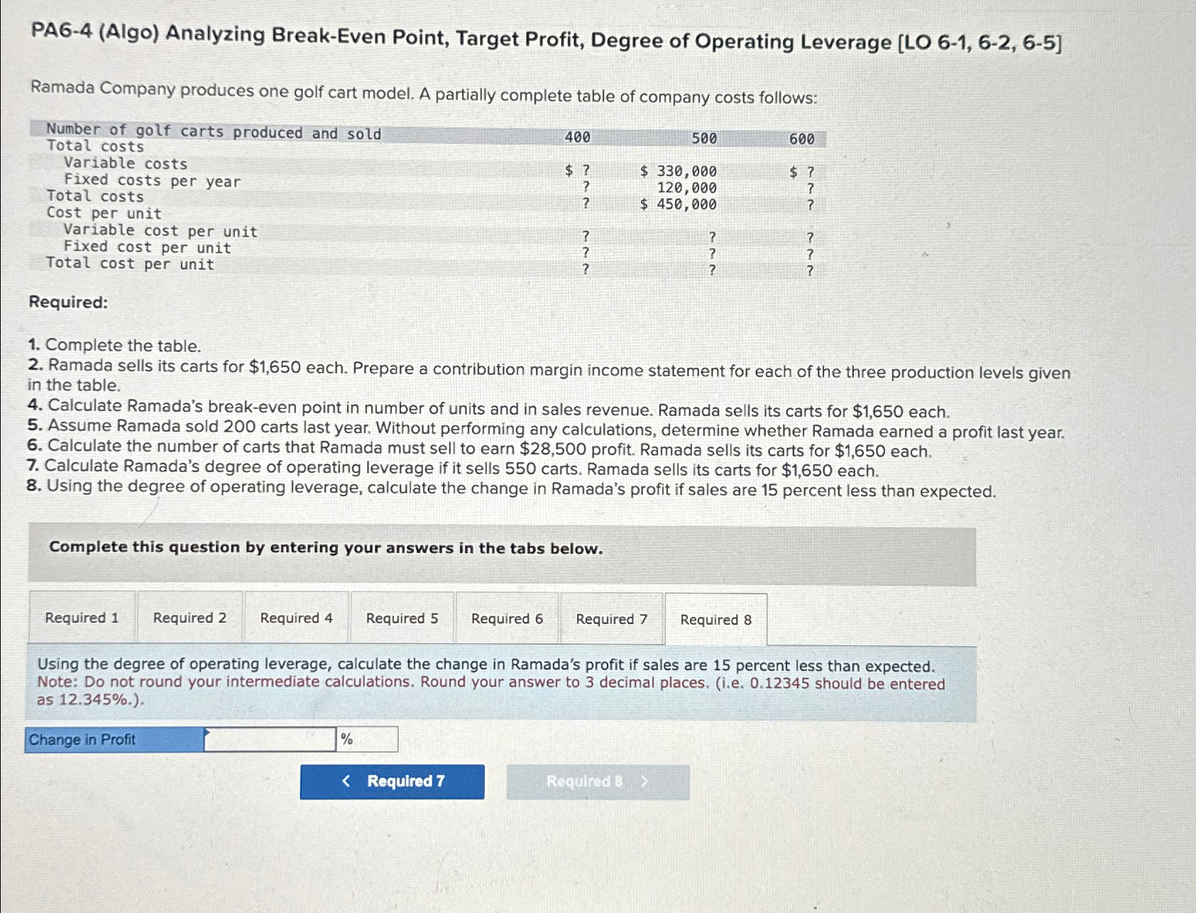  PA6-4(Algo) Analyzing Break-Even Point, Target Profit, Degree of Operating Leverage [LO
