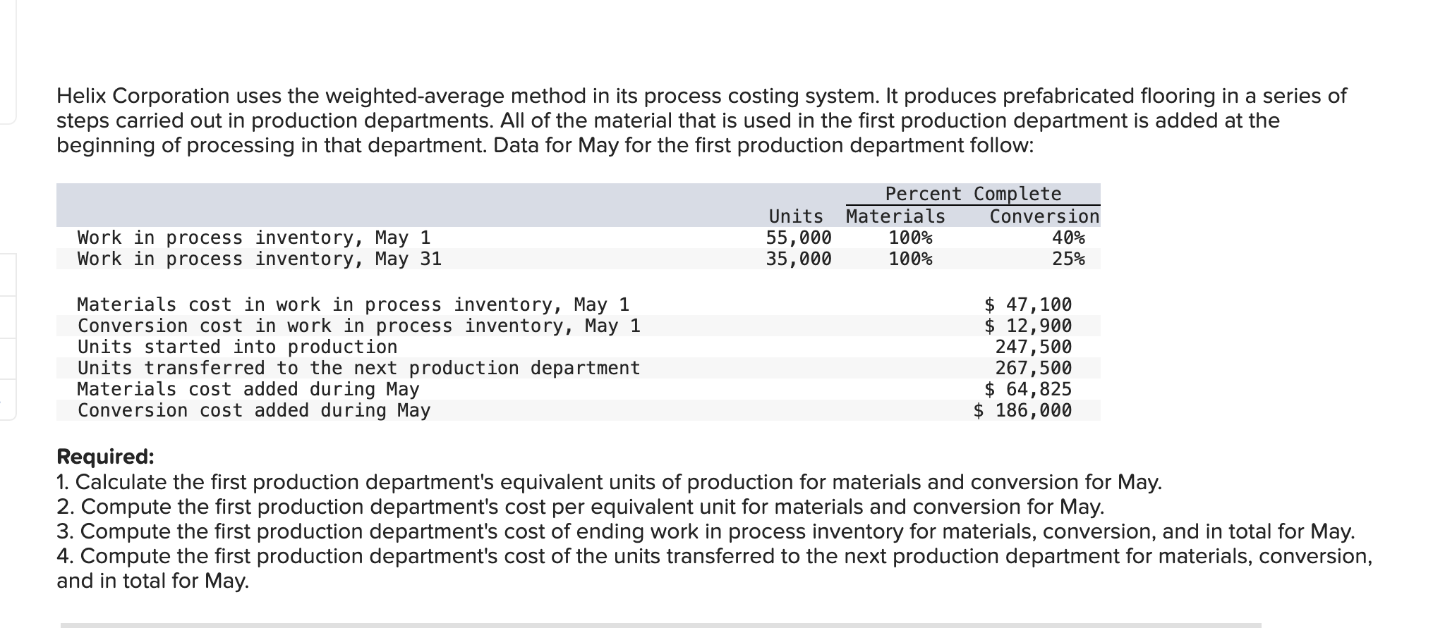  Helix Corporation uses the weighted-average method in its process costing system.