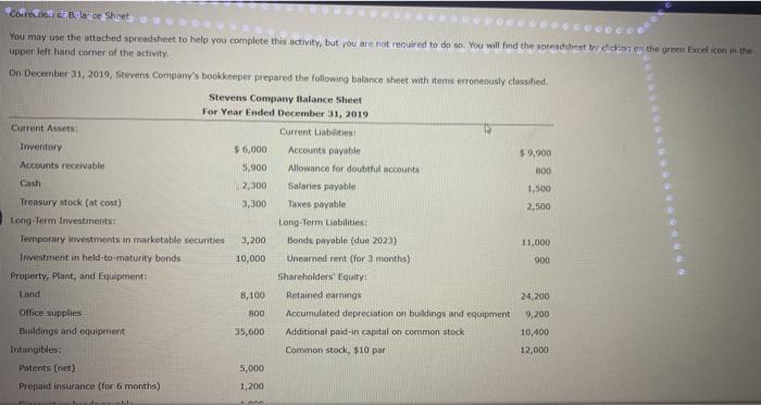  Core Blarice Sheet You may use the attached spreadsheet to help