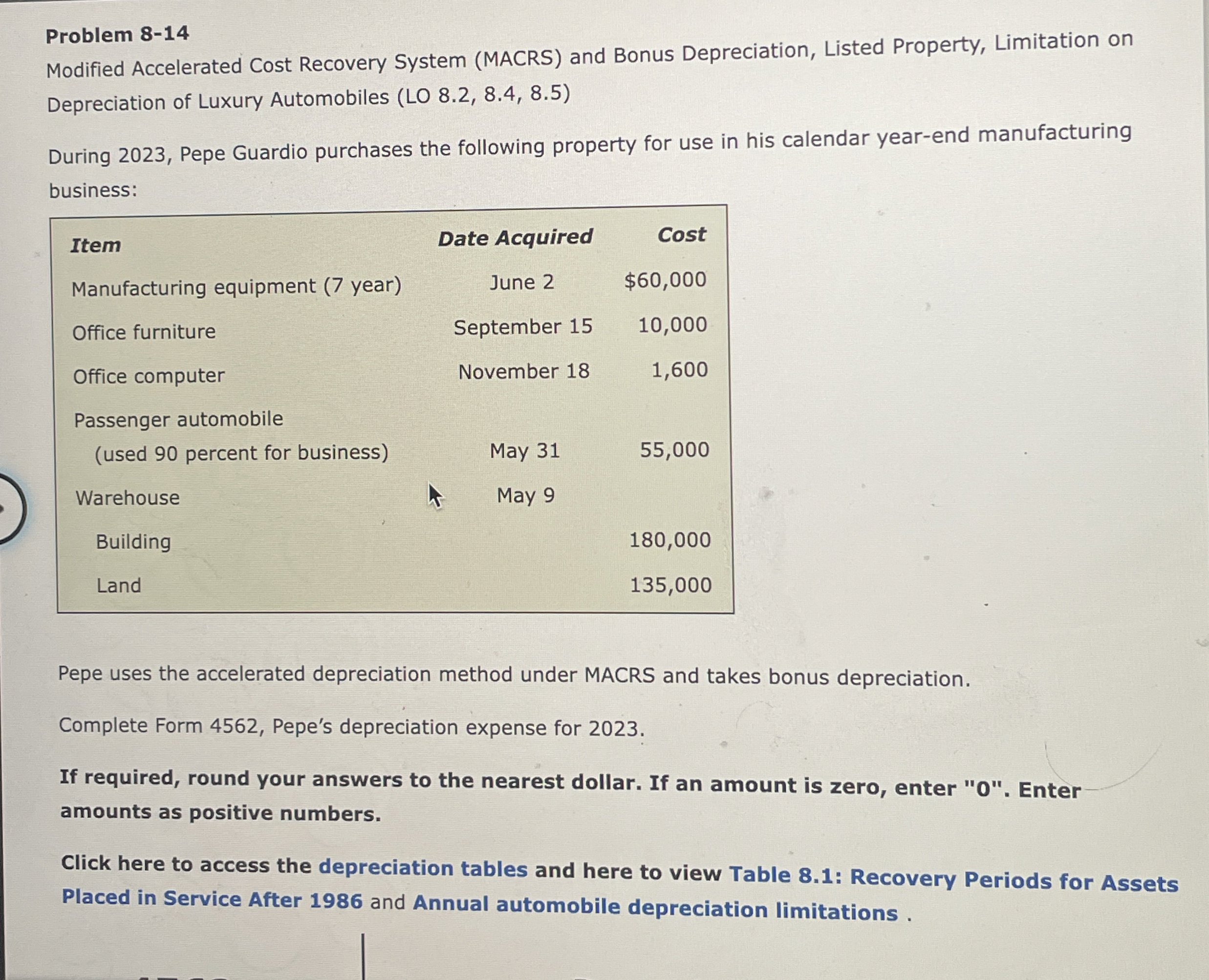  Problem 8-14 Modified Accelerated Cost Recovery System (MACRS) and Bonus Depreciation,