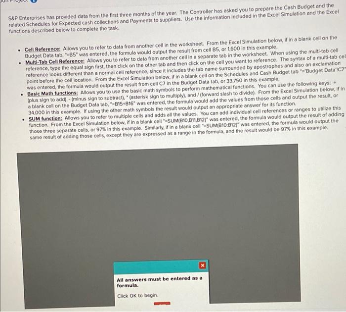 please show the excel formulas S&P Enterprises has provided data from the