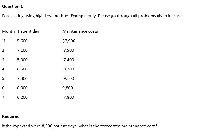 ACCT FINAL REVIEW (MANAGERIAL) Question 1 Forecasting using high Low method (Example