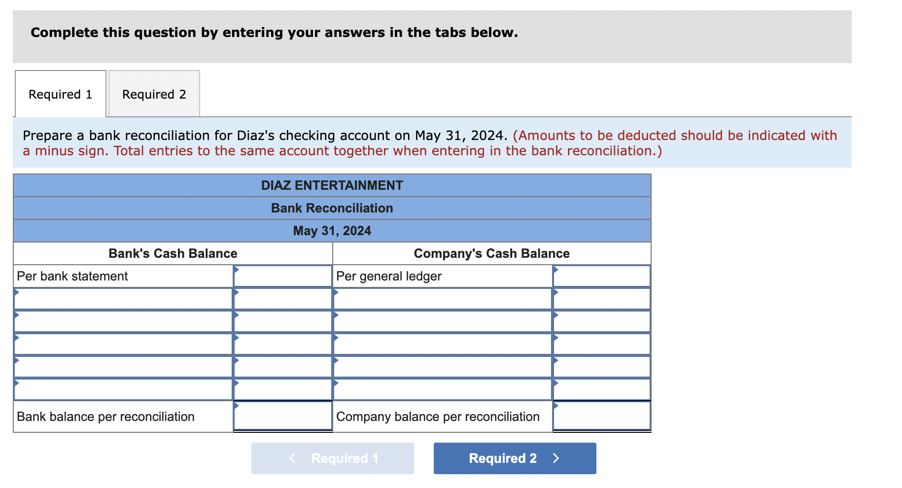 tabs below. Prepare a bank reconciliation for Diaz's checking account on May