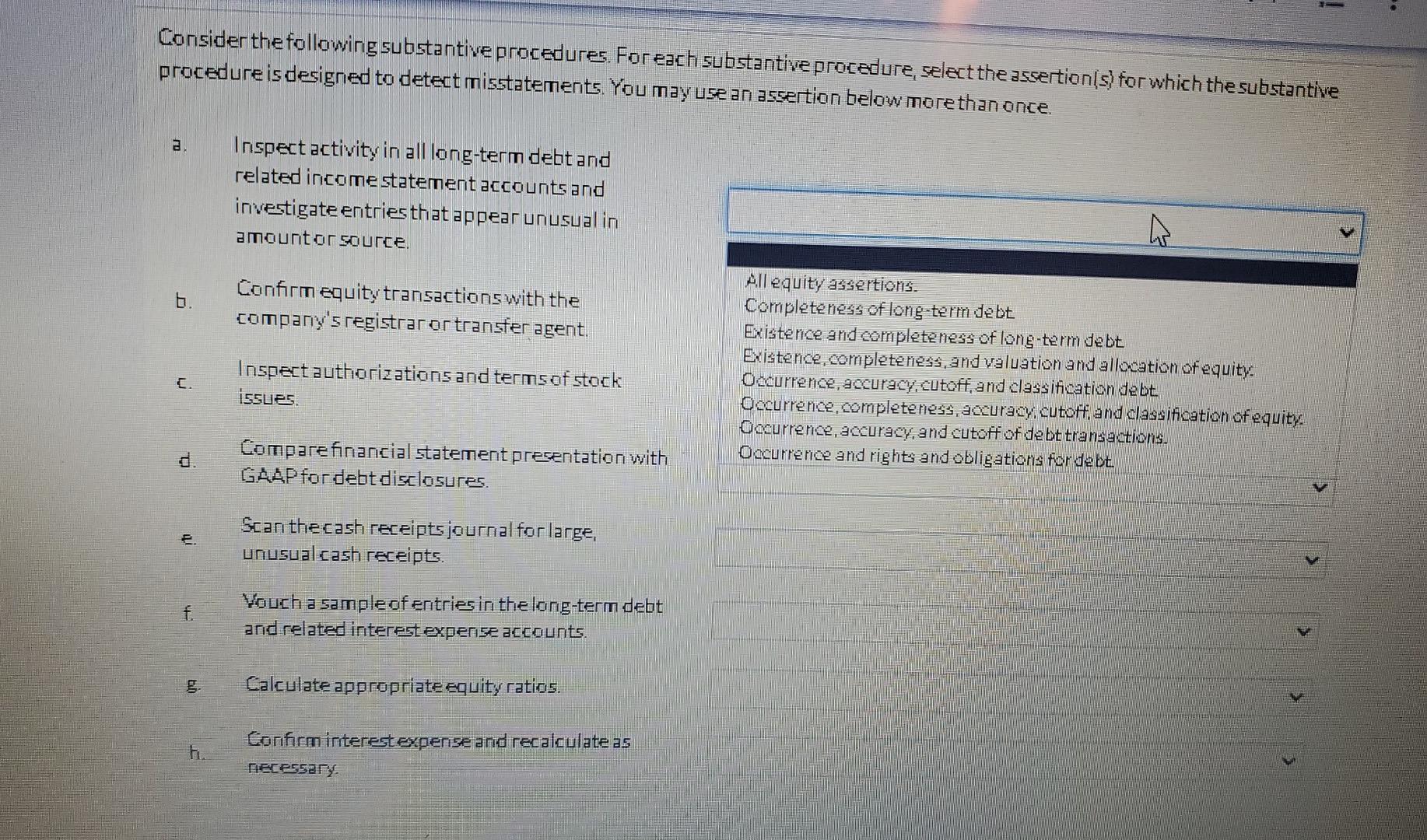 plz help Consider the following substantive procedures. For each substantive procedure,