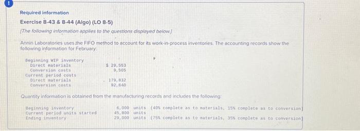  please answer Required information Exercise 8.43 \& 8.44 (Algo) (LO 8-5)