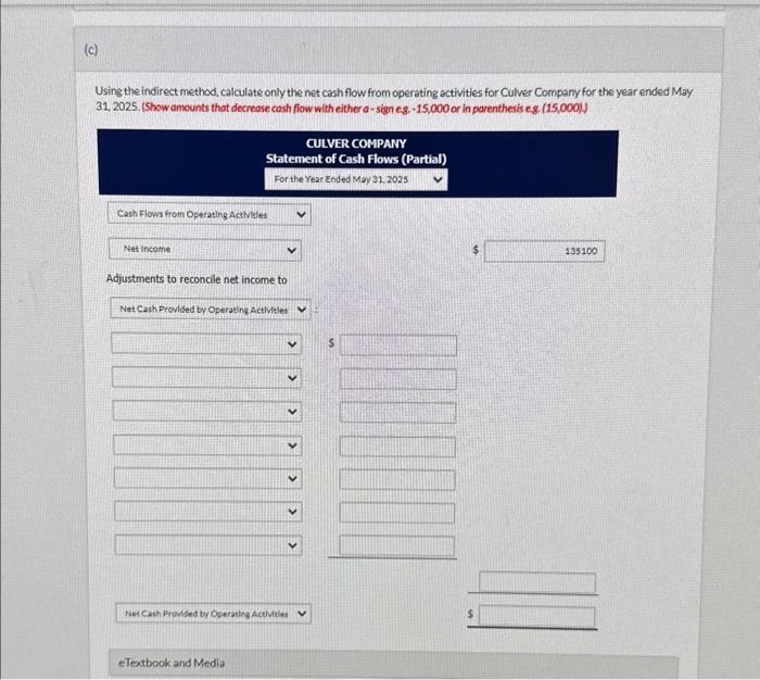 please help Using the indirect method, calculate only the net cash flow