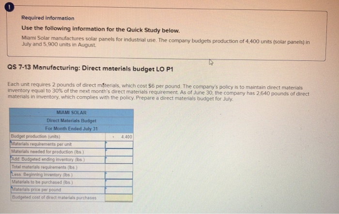  Required information Use the following information for the Quick Study below.