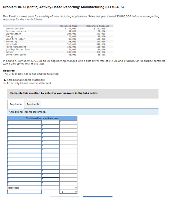 Please answer part A and B Problem 10-73 (Statlc) Actlvlty-Based Reporting: