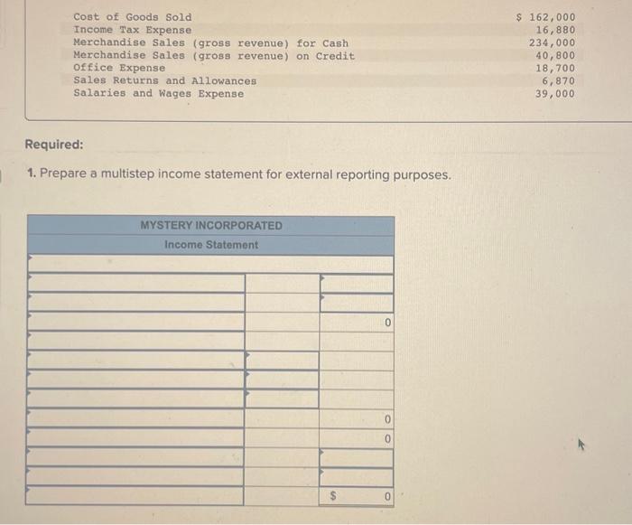  Required: 1. Prepare a multistep income statement for external reporting purposes