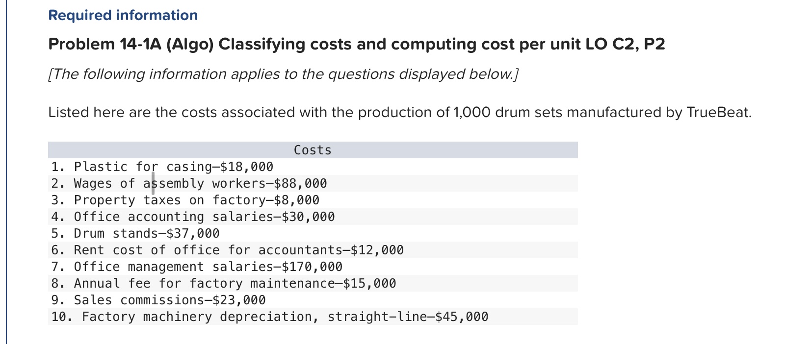  Required information Problem 14-1A (Algo) Classifying costs and computing cost per