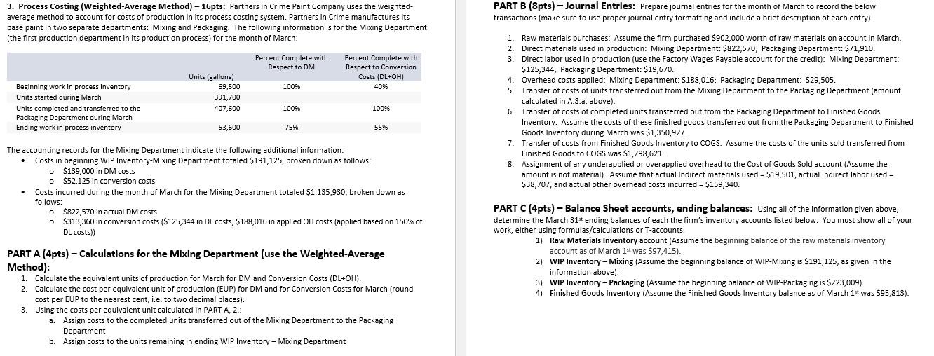 3. Process Costing (Weighted Average Method) 16pts: Partners in Crime Paint