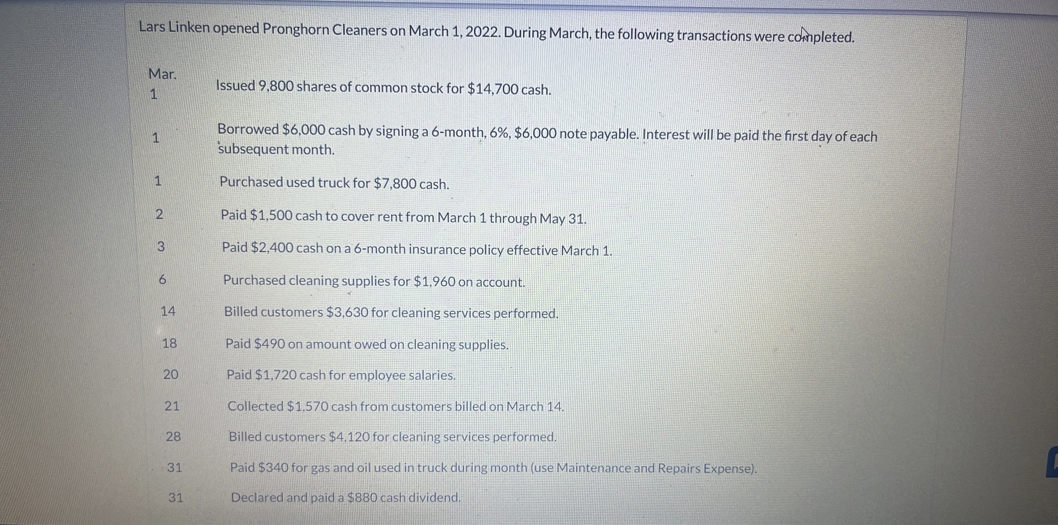  Lars Linken opened Pronghorn Cleaners on March 1,2022. During March, the