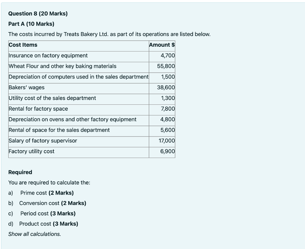 Question 8 (20 Marks) Part A (10 Marks) The costs incurred