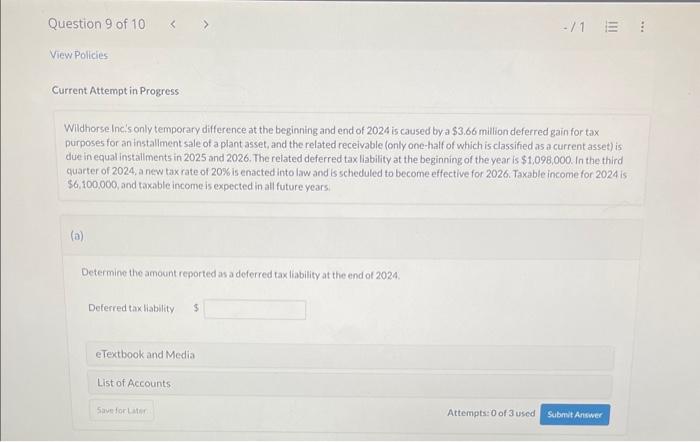 Please show all work Wildhorse Inc's only temporary difference at the beginning