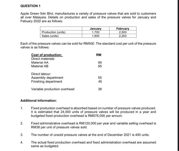 please do all question QUESTION 1 Apple Green Sdn Bhd, manufactures a