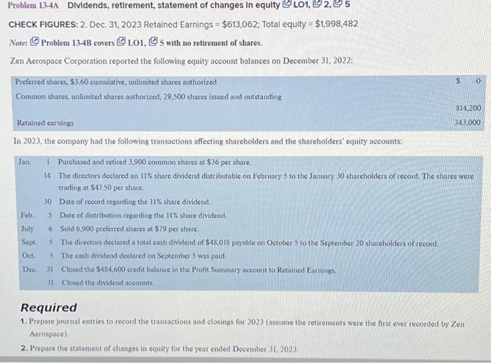  Problem 13-4A Dividends, retirement, statement of changes in equityLO1, 2,5 CHECK