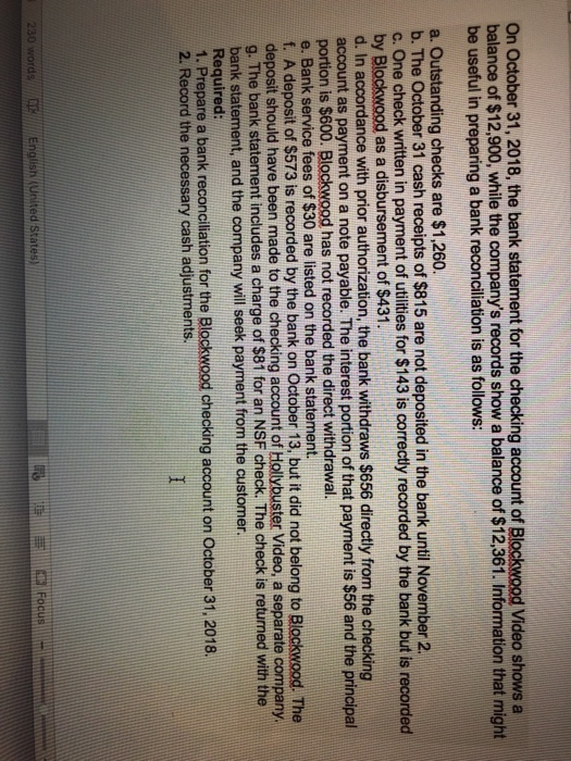  On October 31, 2018, the bank statement for the checking account