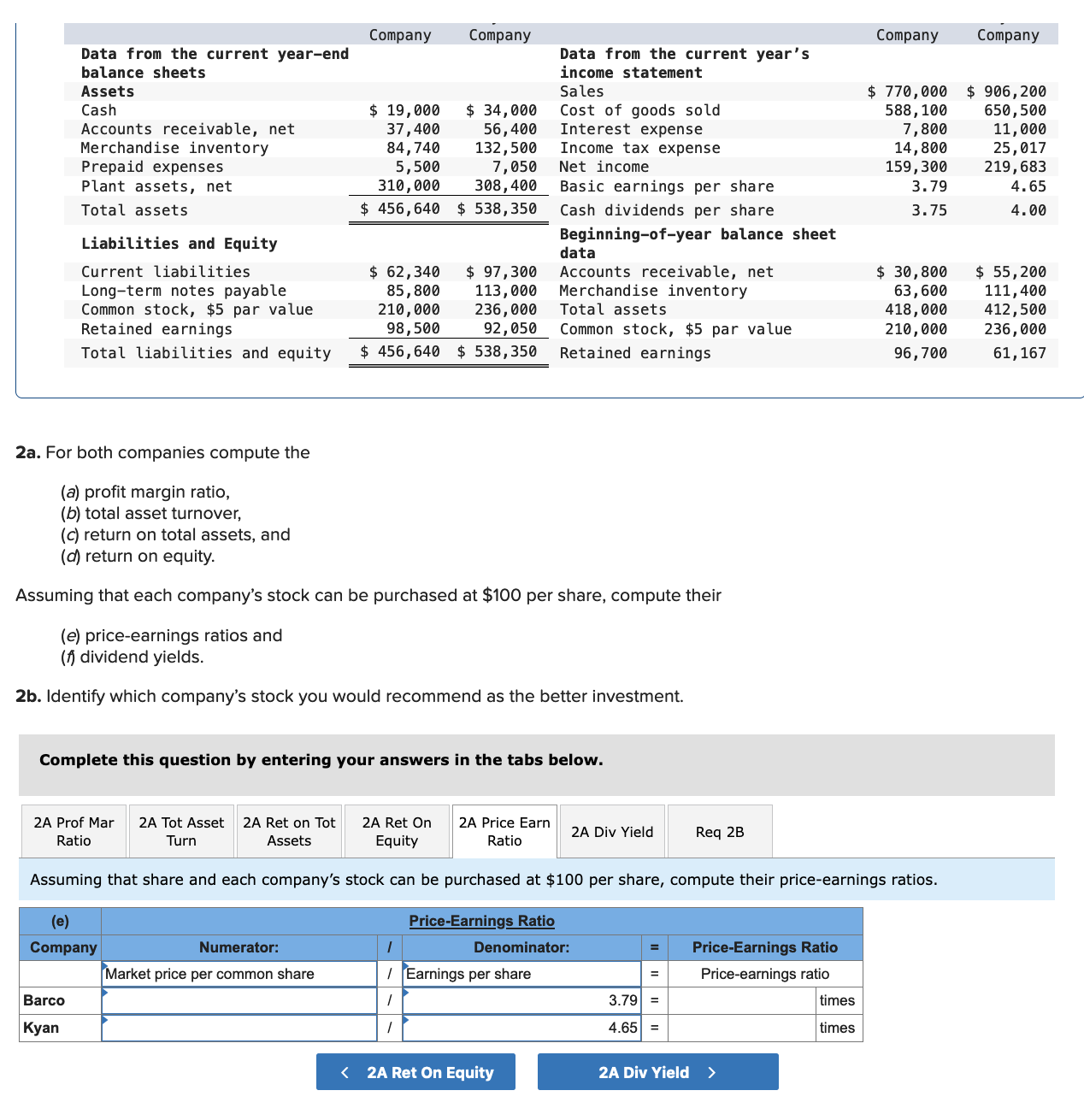  2a. For both companies compute the (a) profit margin ratio, (b)