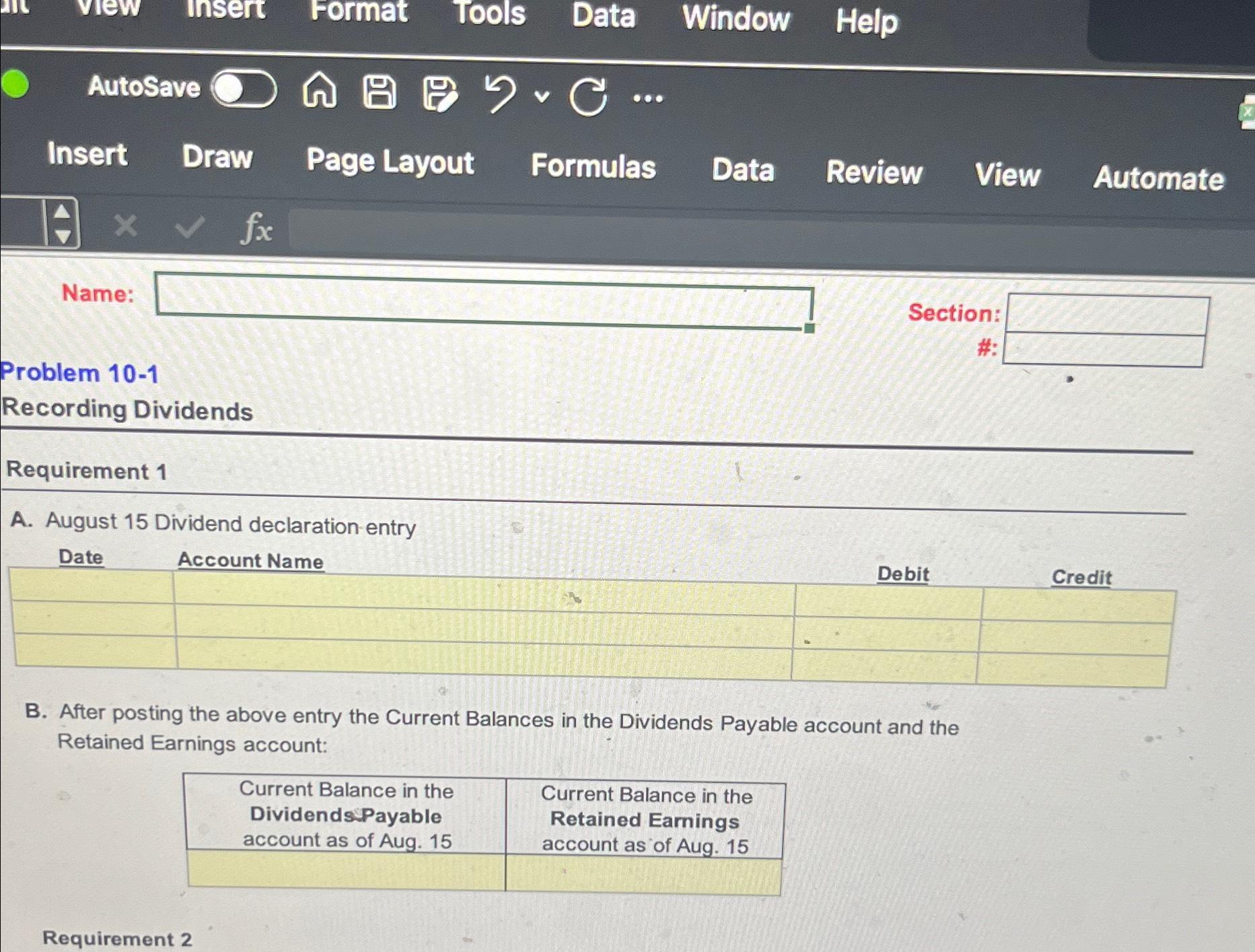  AutoSave Insert Draw Page Layout Formulas Data Review View Automate Name: