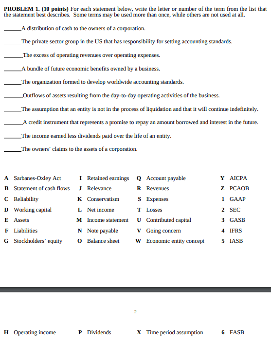  PROBLEM 1. (10 points) For each statement below, write the letter