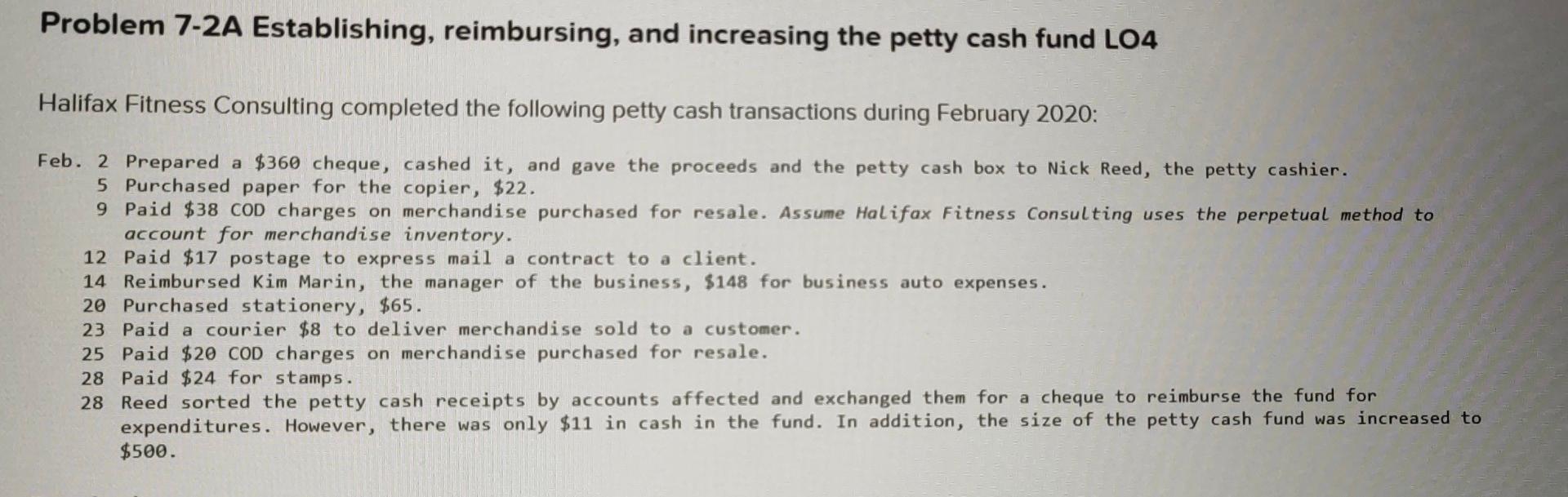 fl prepare a journal entry for petty cash fund Problem 7-2A