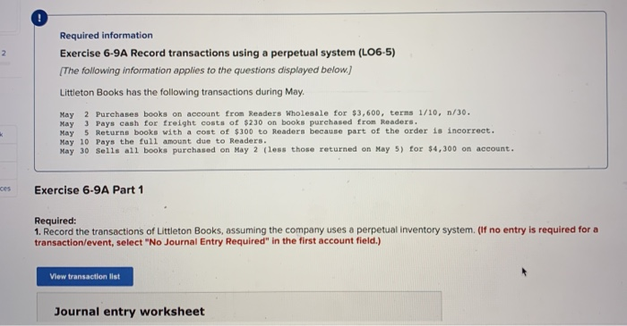  2 Required information Exercise 6-9A Record transactions using a perpetual system