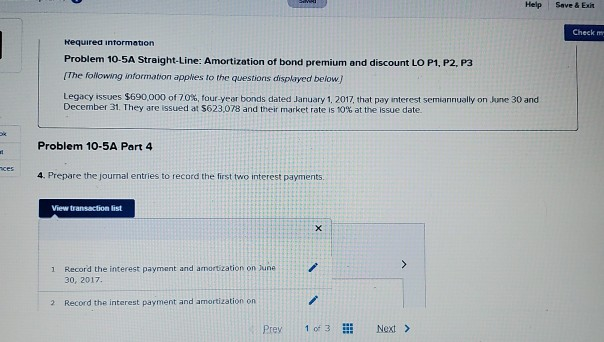 Help Save & Ext Check Hequired information Problem 10-5A Straight-Line: Amortization