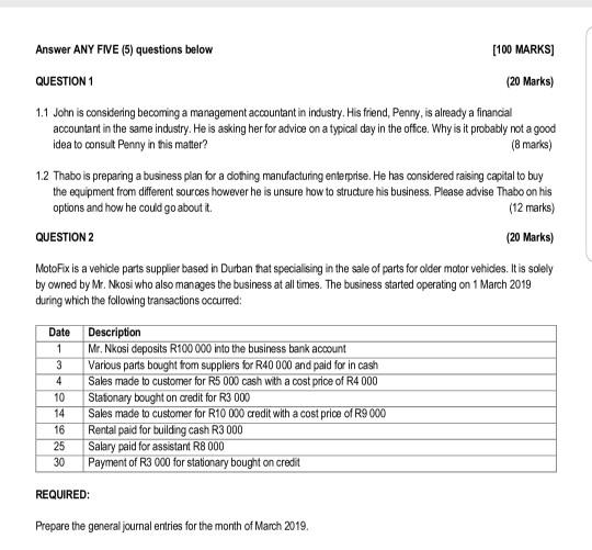  Answer ANY FIVE (5) questions below [100 MARKS] QUESTION 1 (20