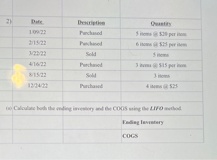 help pls 2) \begin{tabular}{|c|c|c|} \hline Date & Description & Quantity \\ \hline