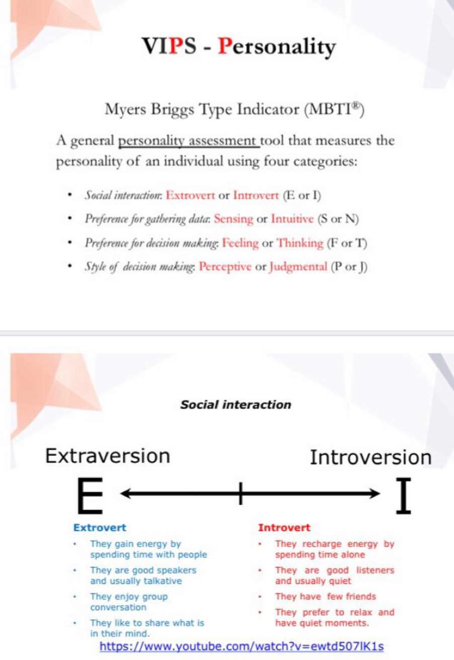 1. Provide 2 characteristics of the following personality types according to Myers