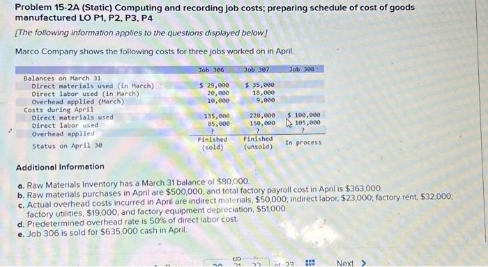 Problem 15-2A (Static) Computing and recording job costs; preparing schedule of