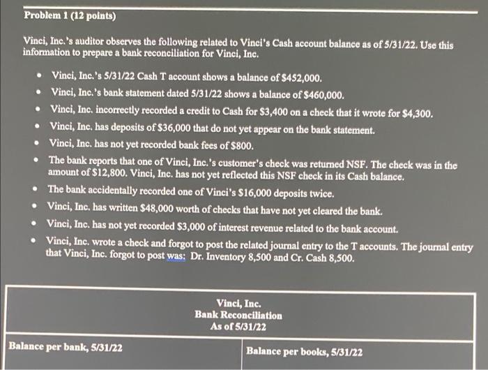 due soon need help ASAP thank you Problem 1 (12 points) Vinci,
