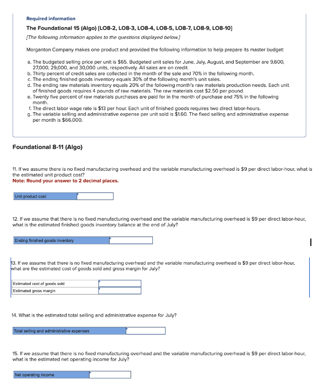  Required information The Foundational 15(Algo)[LO8-2, L08-3, LO8-4, LO8-5, LO8-7, LO8-9, LO8-10]
