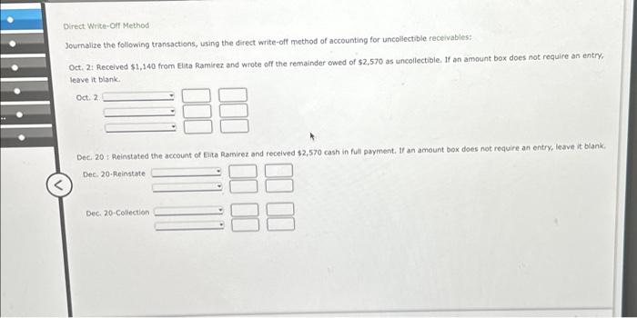 method of accounting for uncollectible receivables: Oct. 2: Received $1,140 from Elita