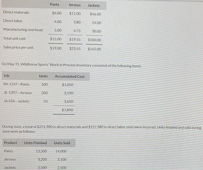 please answer for thumbs up Pants Jerseys Jackets Direct materials $6.00 $11.00