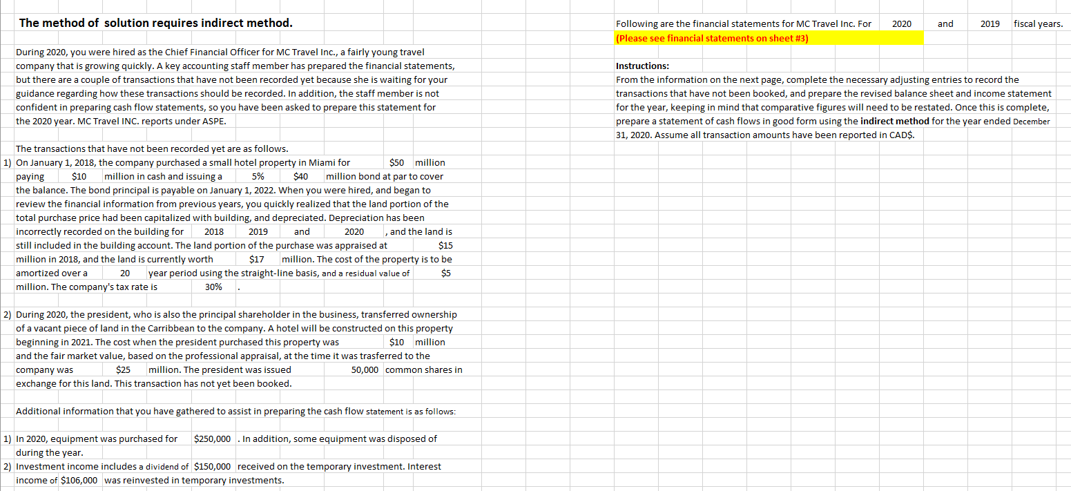 The method of solution requires indirect method. 2020 and 2019 fiscal