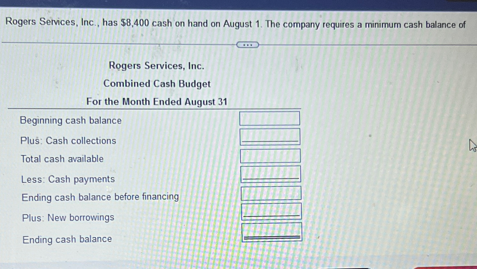  Rogers Services, Inc., has $8,400 cash on hand on August 1.